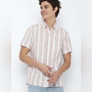 American Eagle Men Pink Striped‎ Button-Up Resort Shirt